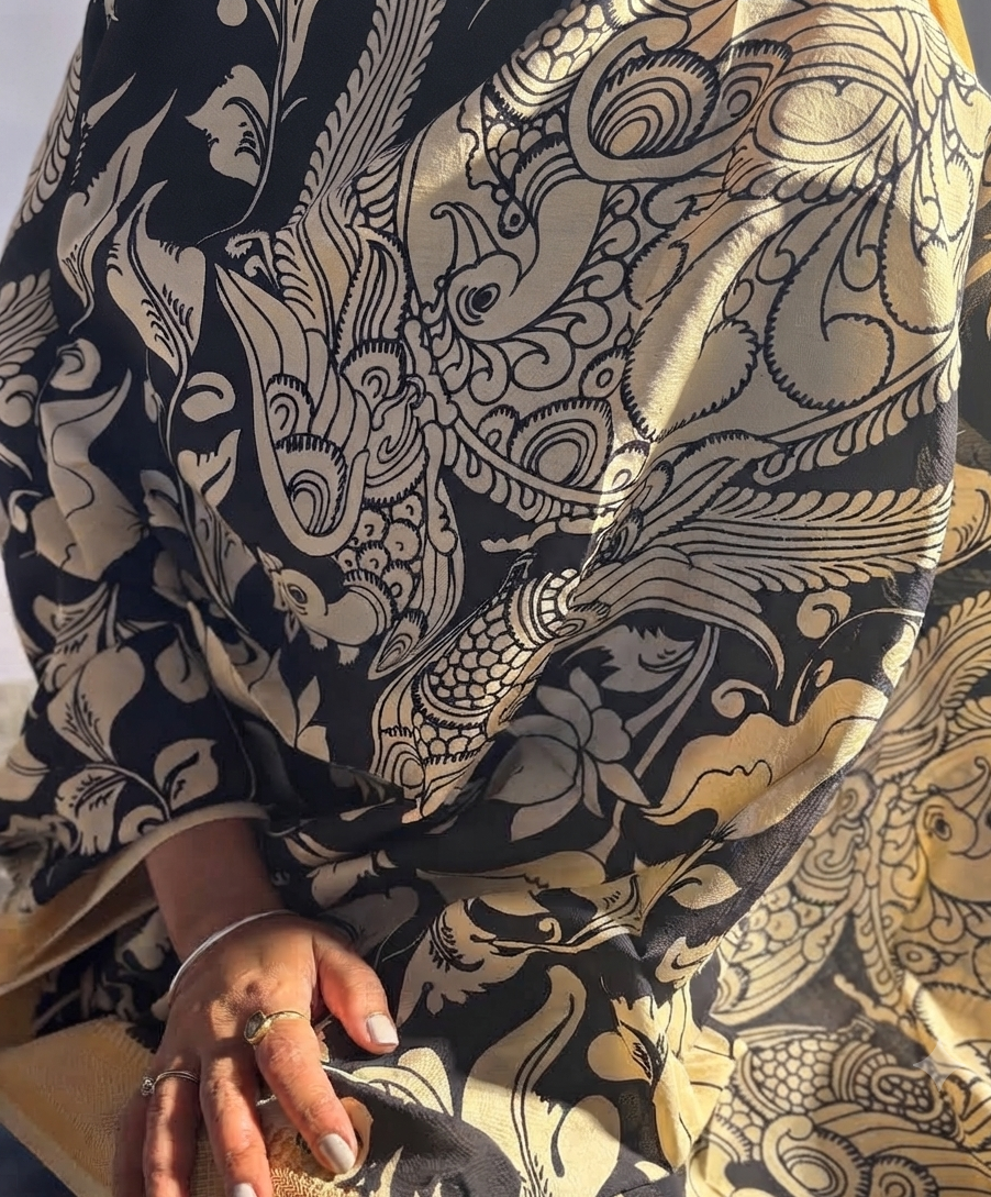 Noor-e-Mor: Black Bangalore Silk Dupatta with Hand-Painted Kalamkari Peacocks