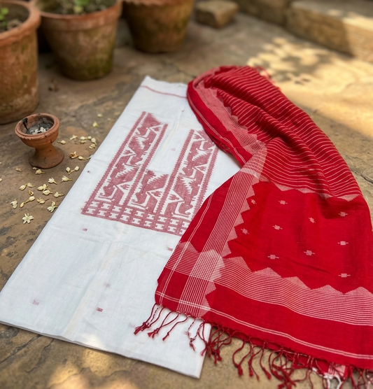 Jamdani Kurta Fabric with Dupatta — Ivory & Vermilion