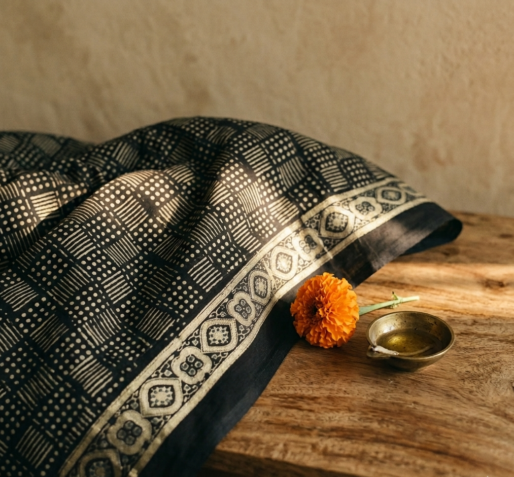 Ajrakh Saree · Charcoal Black with Gold & Olive Medallions