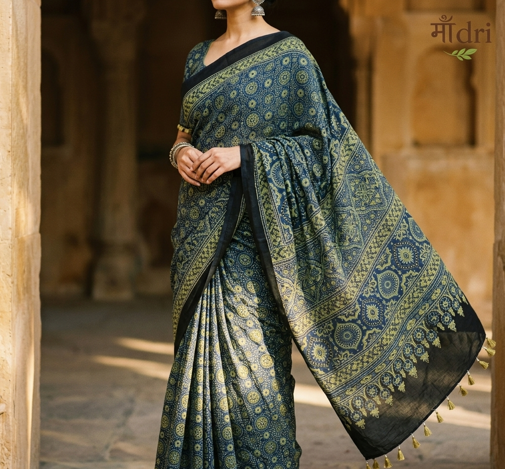 Ajrakh Saree · Indigo with Mustard & Olive