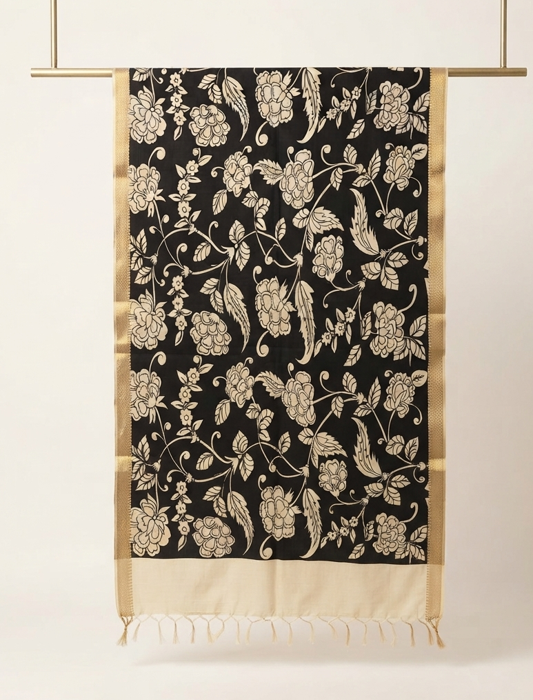 Raat Rani handpainted Kalamkari Banglore Silk Dupatta – Black & Ivory with Zari Border