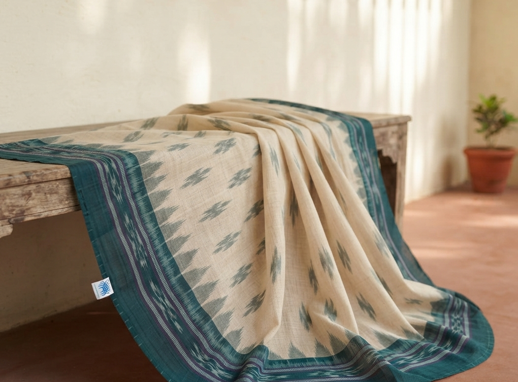 andwoven Sambalpuri Ikat Cotton Saree in Ivory & Peacock Teal