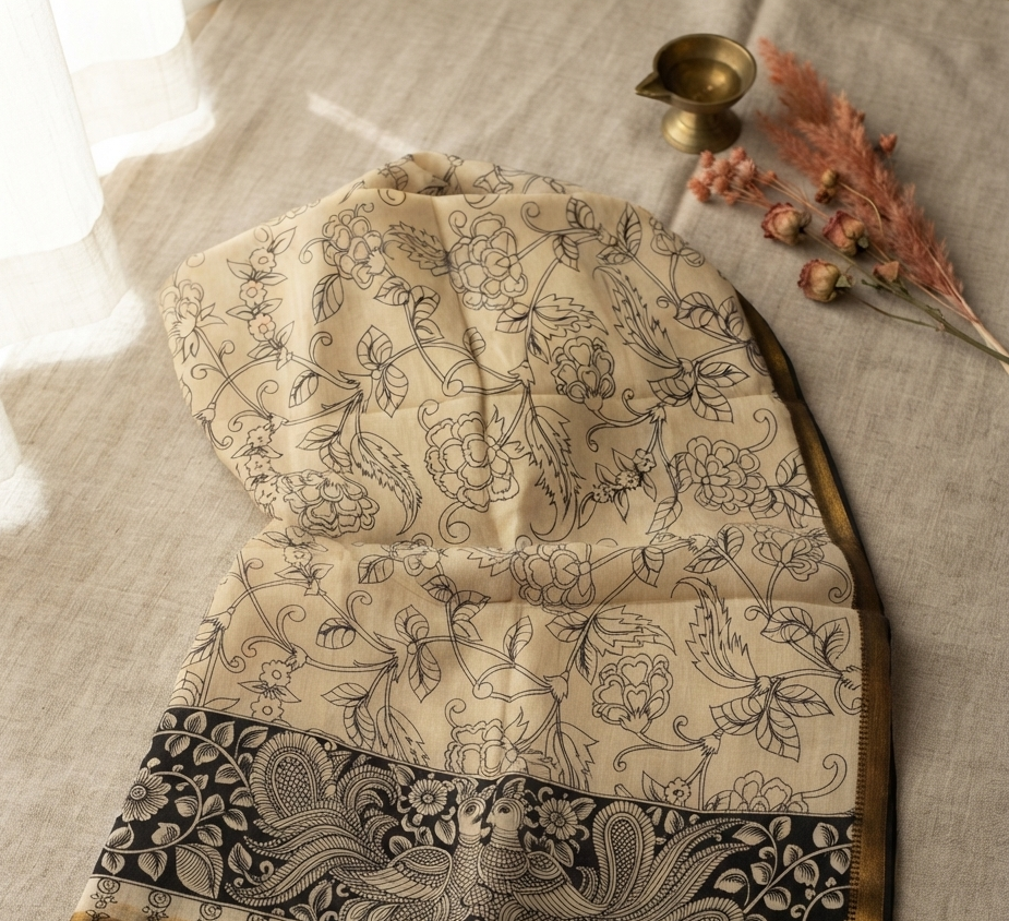 Ivory Mayura Kalamkari Hand Printed Bangalore Silk Dupatta with Zari Border