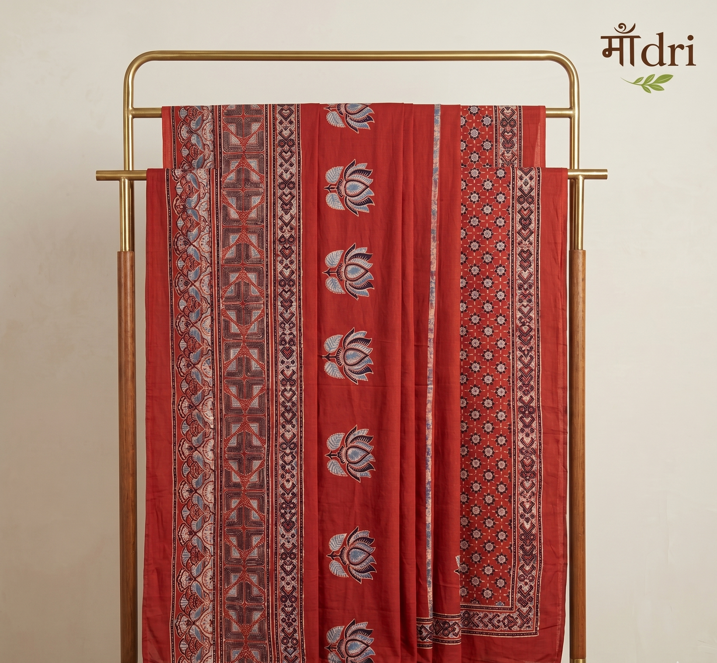 Ajrakh Saree · Terracotta with Earthy Geometric Borders