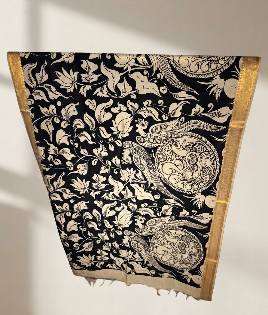 Noor-e-Mor: Black Bangalore Silk Dupatta with Hand-Painted Kalamkari Peacocks