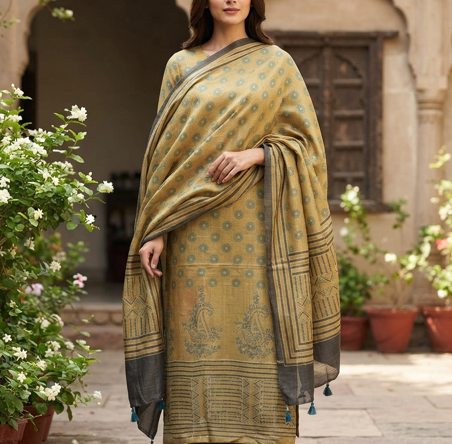 Handblock Ajrakh Tussar Kurta Fabric & Dupatta, Sand Gold with Teal