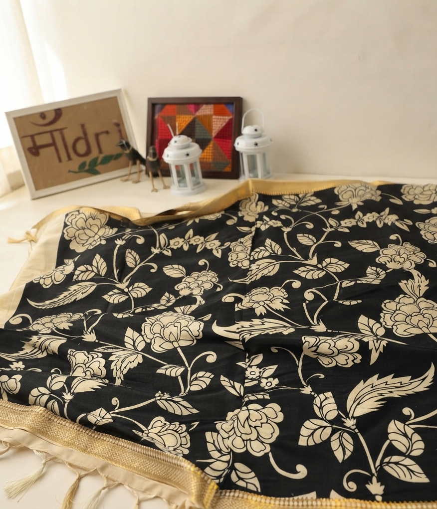 Raat Rani handpainted Kalamkari Banglore Silk Dupatta – Black & Ivory with Zari Border