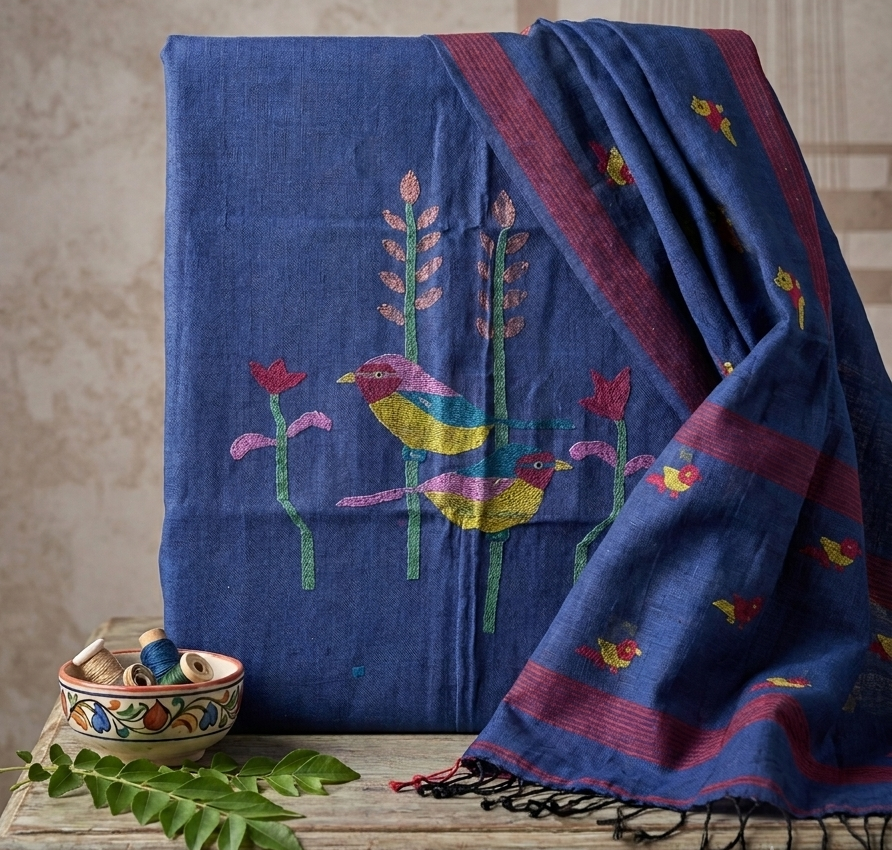 Handwoven Cotton Jamdani Suit Set — Indigo Songbirds