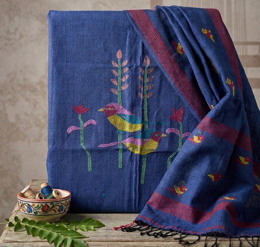 Handwoven Cotton Jamdani Suit Set — Indigo Songbirds