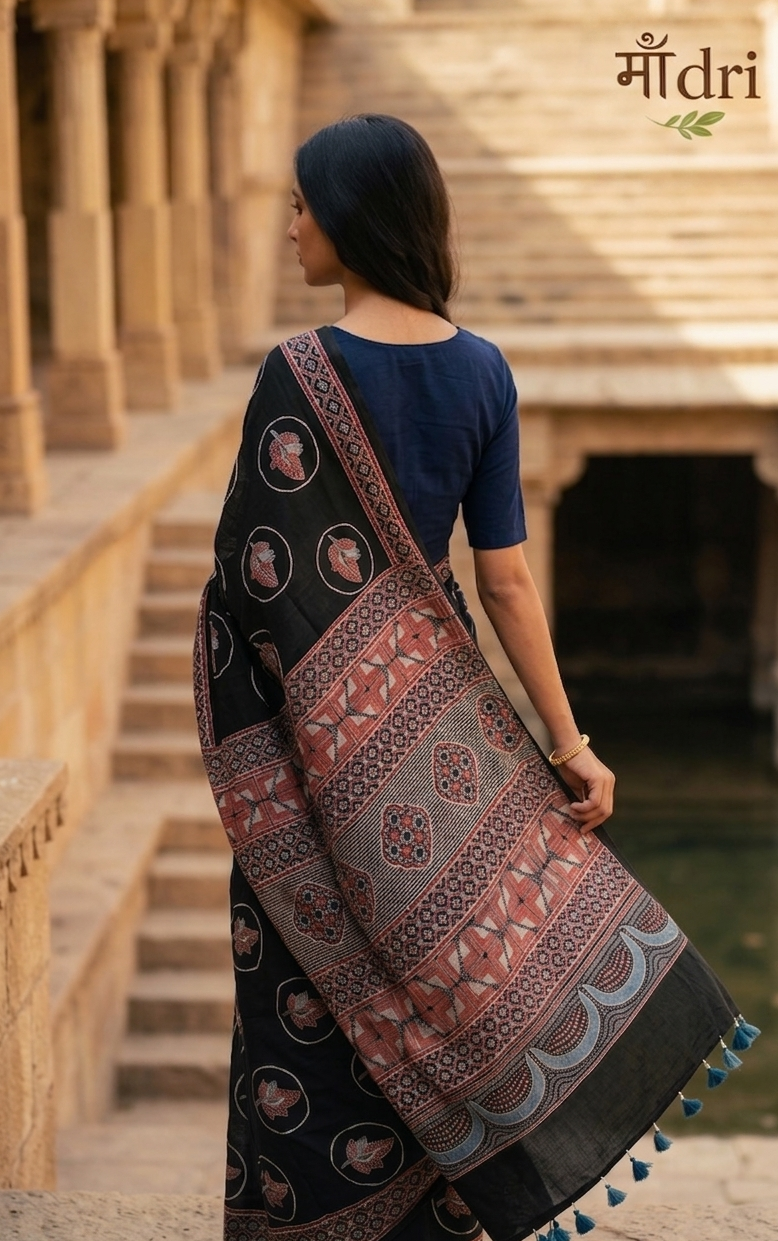 Ajrakh Saree · Navy Blue with leaf Motifs