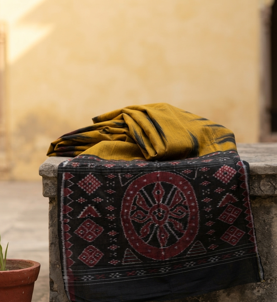Handwoven Konark Chakra Sambalpuri Ikat Saree - Turmeric & Charcoal