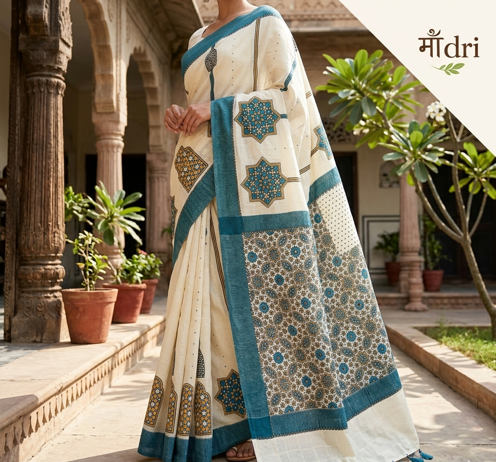 Ajrakh Saree · Ivory with Indigo & Mustard