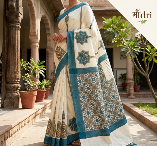 Ajrakh Saree · Ivory with Indigo & Mustard
