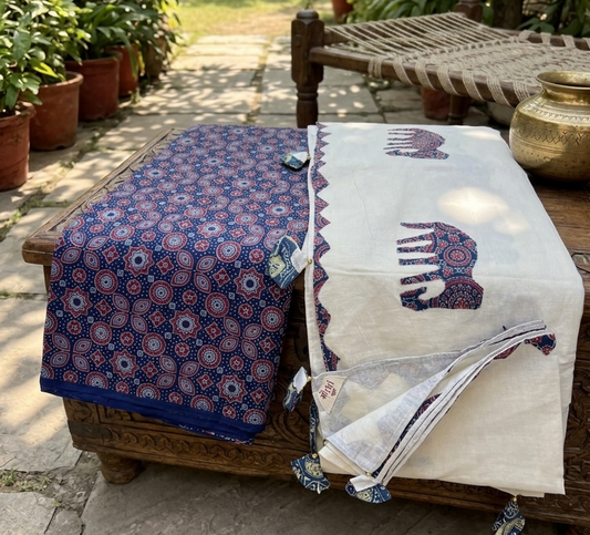 Ajrakh × Appliqué · Unstitched Kurta Set - Rich Indigo & Ivory