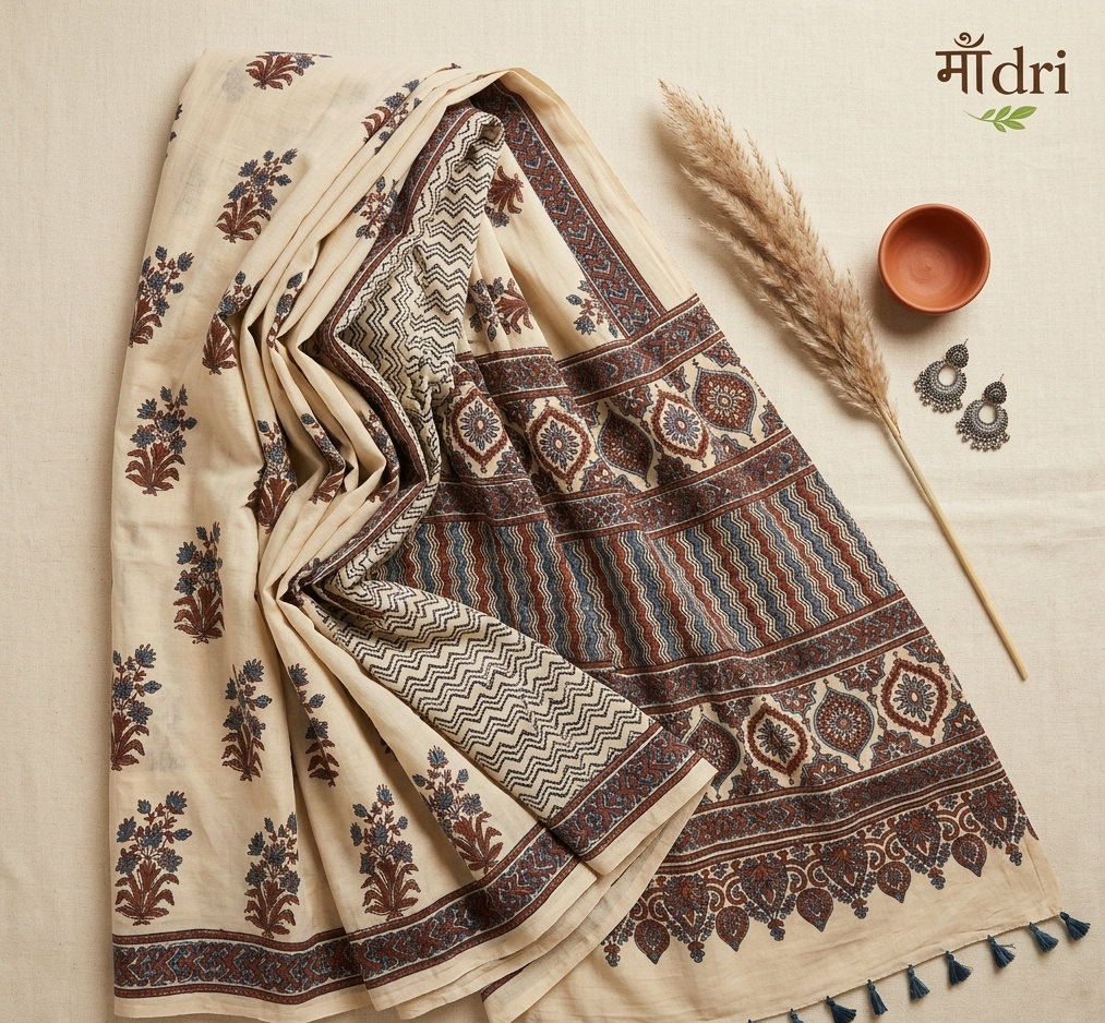 Ajrakh Saree · Cream-Beige with Rust & Indigo