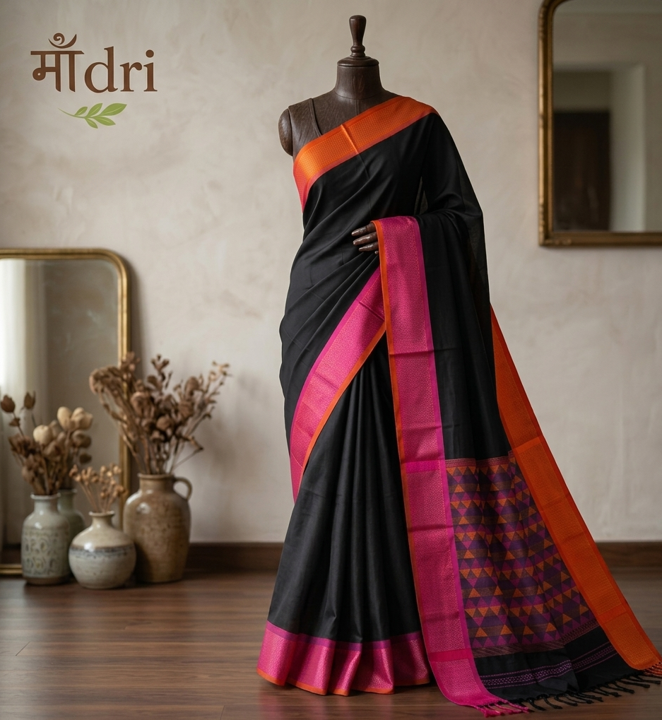 Maheshwari Saree · Ganga Jamuna · Black with Pink & Orange