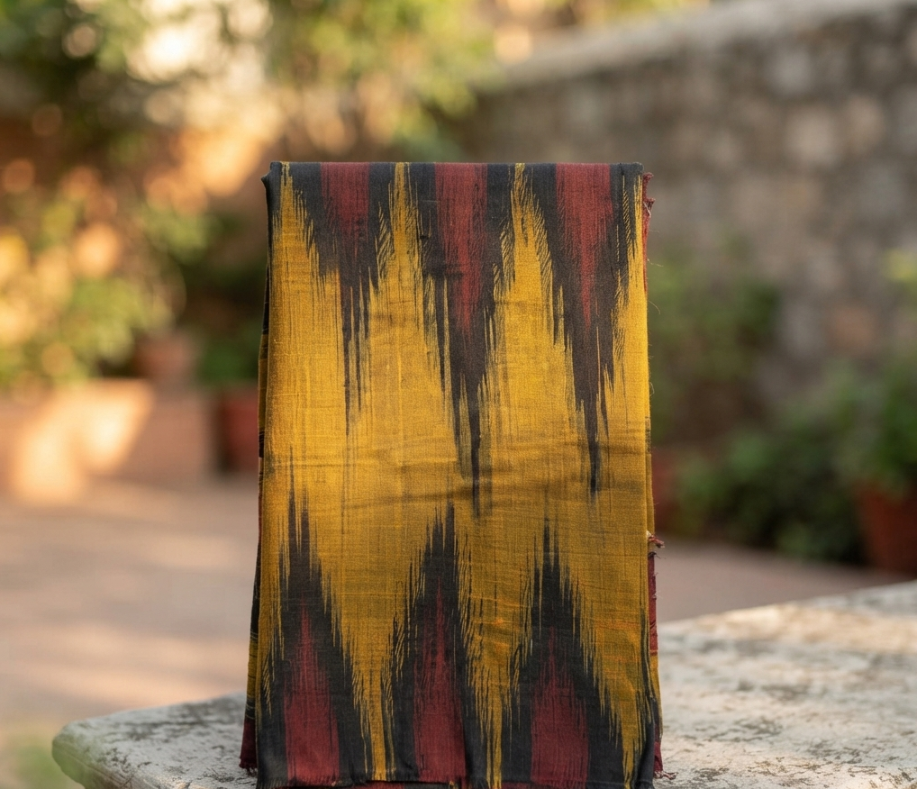Handwoven Konark Chakra Sambalpuri Ikat Saree - Turmeric & Charcoal