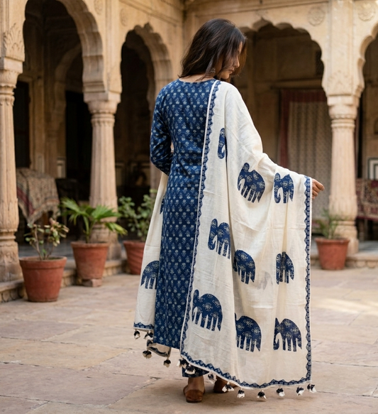 Ajrakh × Appliqué · Unstitched Kurta Set · Indigo