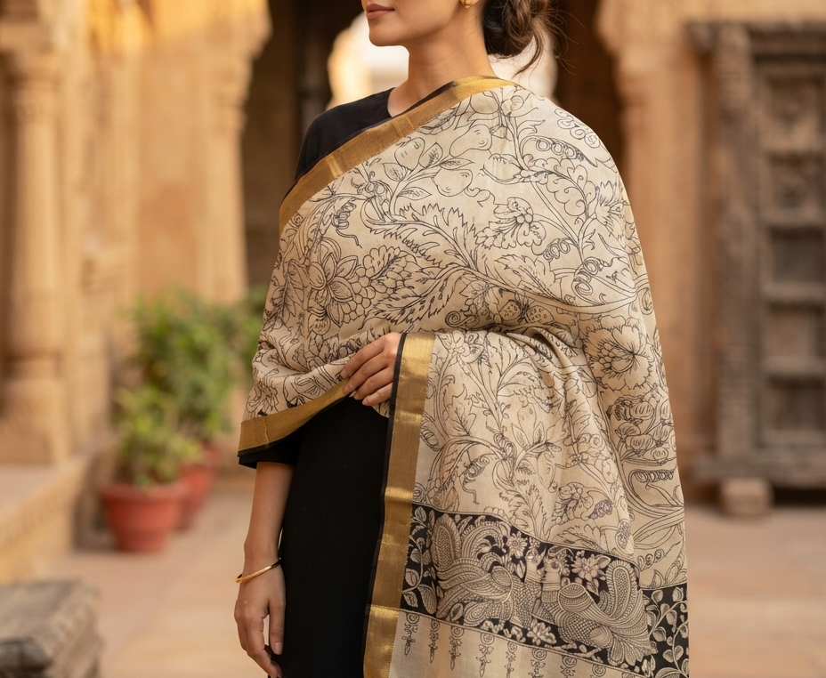 Mayura Vana: Ivory Bangalore Silk hand painted Kalamkari Dupatta