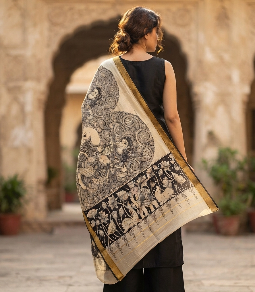 Bangalore Silk Kalamkari Hand-Painted Dupatta - Peacock & Lotus, Ivory and Black