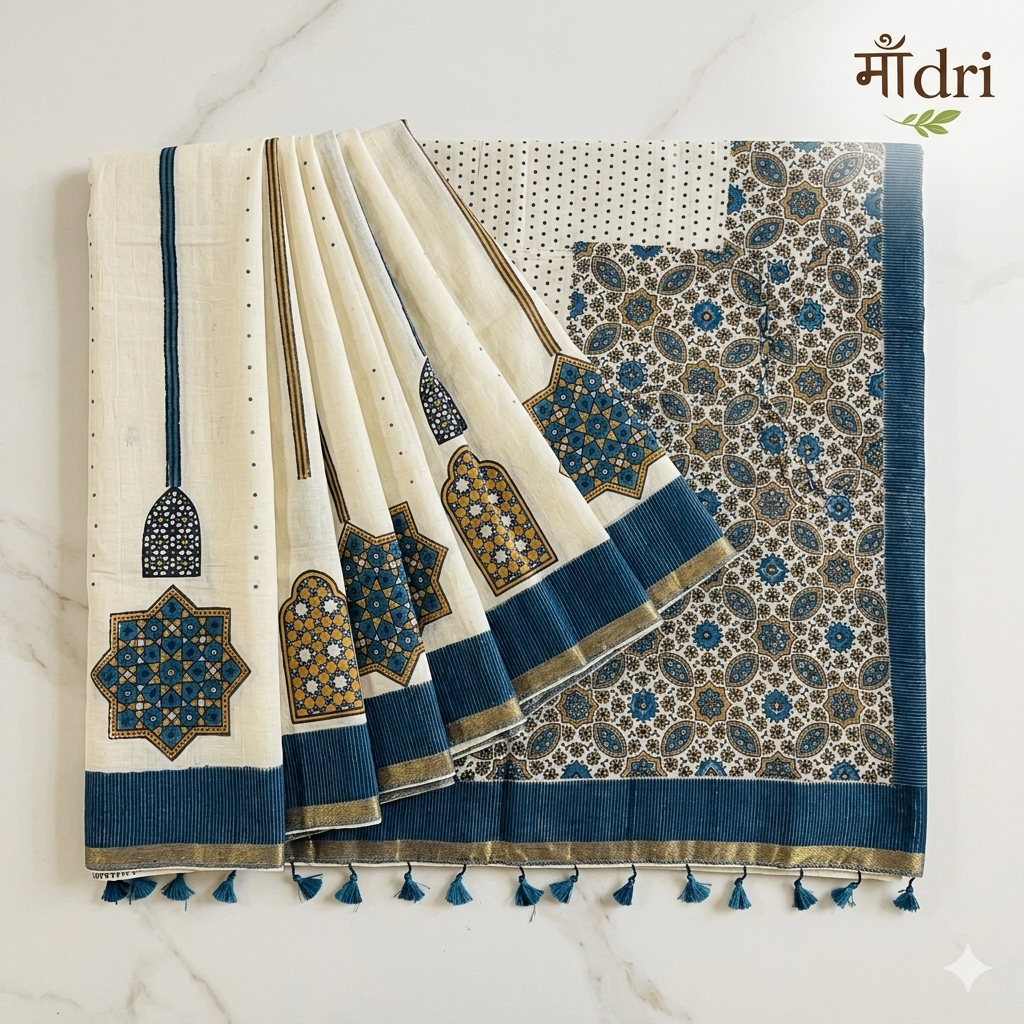 Ajrakh Saree · Ivory with Indigo & Mustard