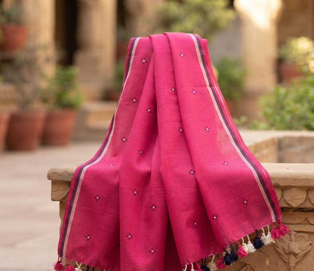 Handwoven Pink Kala Cotton Tangaliya Stole with Tasselled Ends