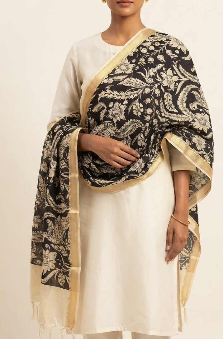 Tota Bagh Kalamkari Print Silk Dupatta - Black & Ivory with Zari Border