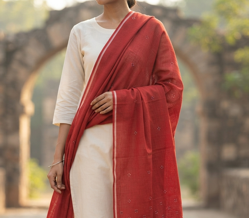Handwoven Brick Red Kala Cotton Tangaliya Stole