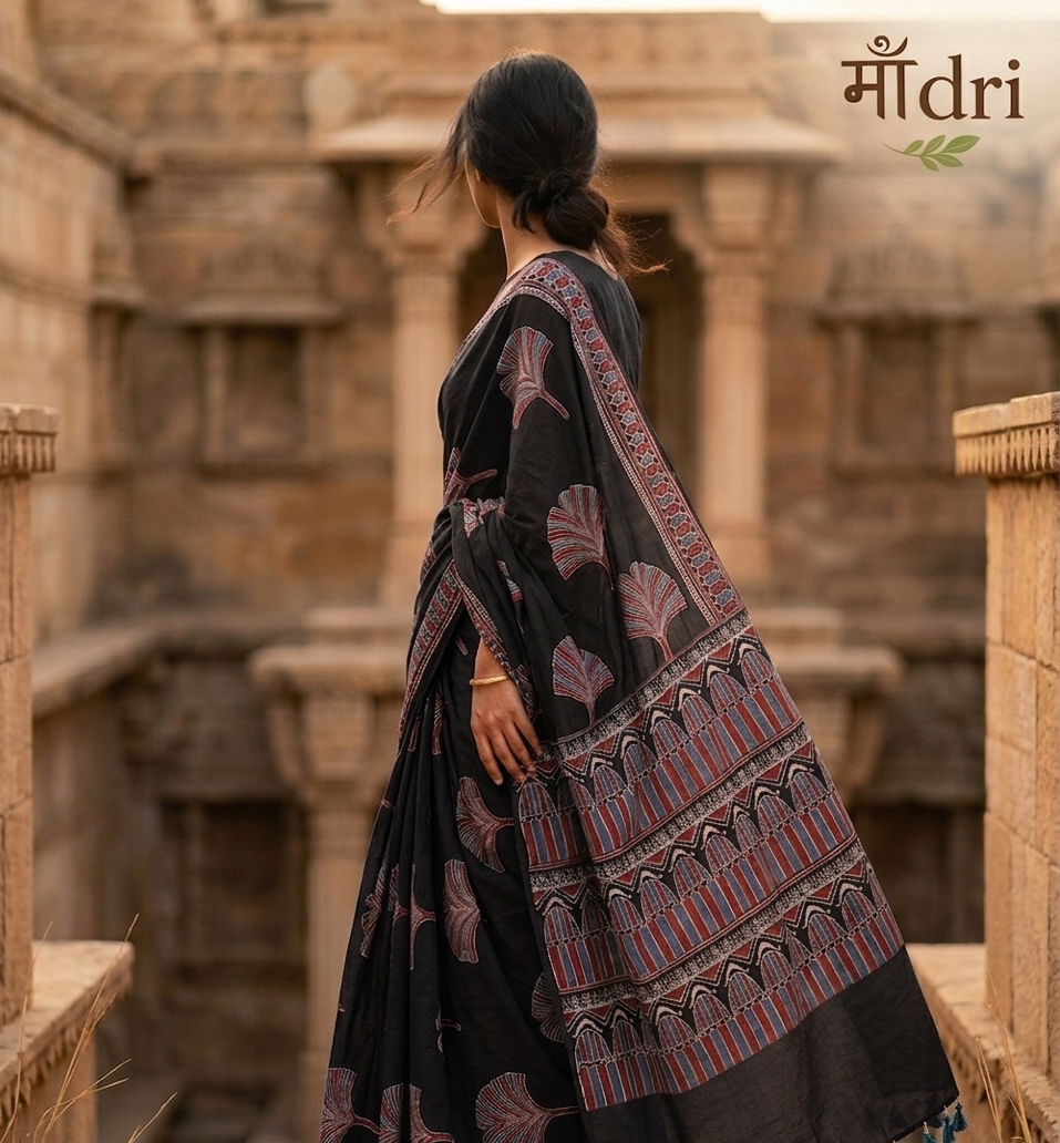 Ajrakh Saree · Black with Fan Leaf Motifs & Blue Tassels