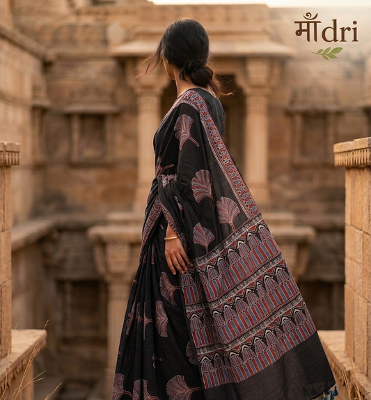 Ajrakh Saree · Black with Fan Leaf Motifs & Blue Tassels