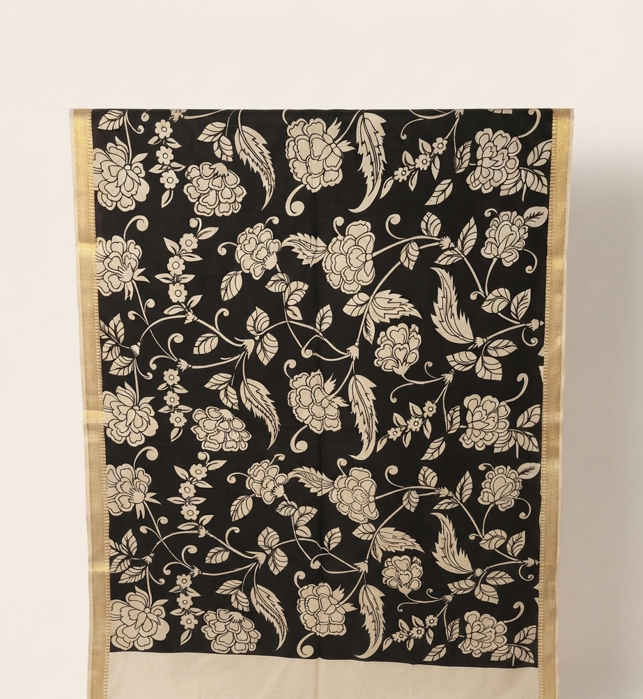 Raat Rani handpainted Kalamkari Banglore Silk Dupatta – Black & Ivory with Zari Border