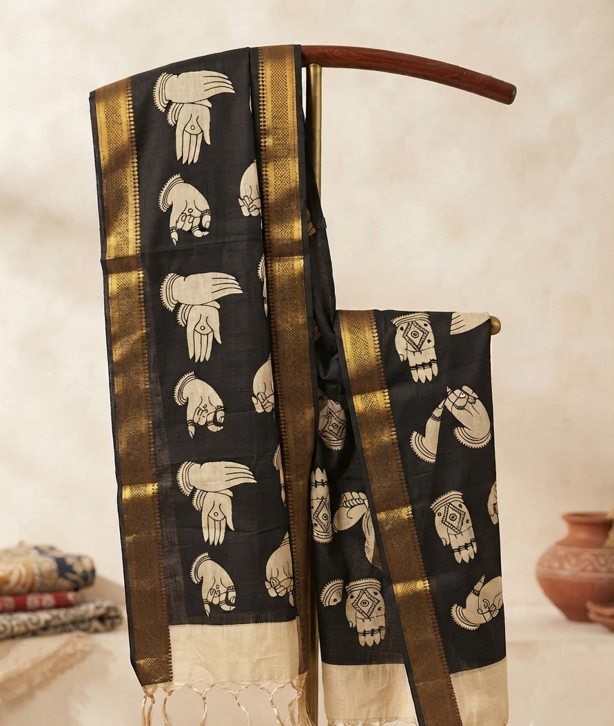 Hastamudra - Black Bangalore Silk Kalamkari Dupatta with Zari Border