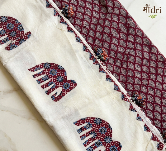 Ajrakh × Appliqué · Unstitched Kurta Set · Maroon Pink