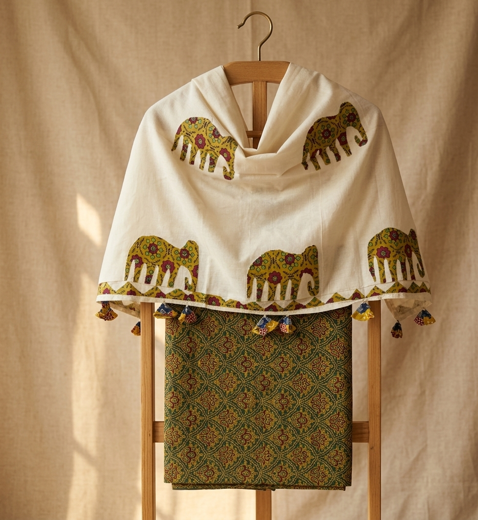 Ajrakh × Appliqué · Unstitched Kurta Set · Mustard & Green