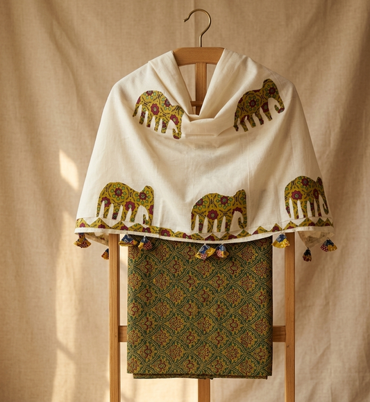Ajrakh × Appliqué · Unstitched Kurta Set · Mustard & Green
