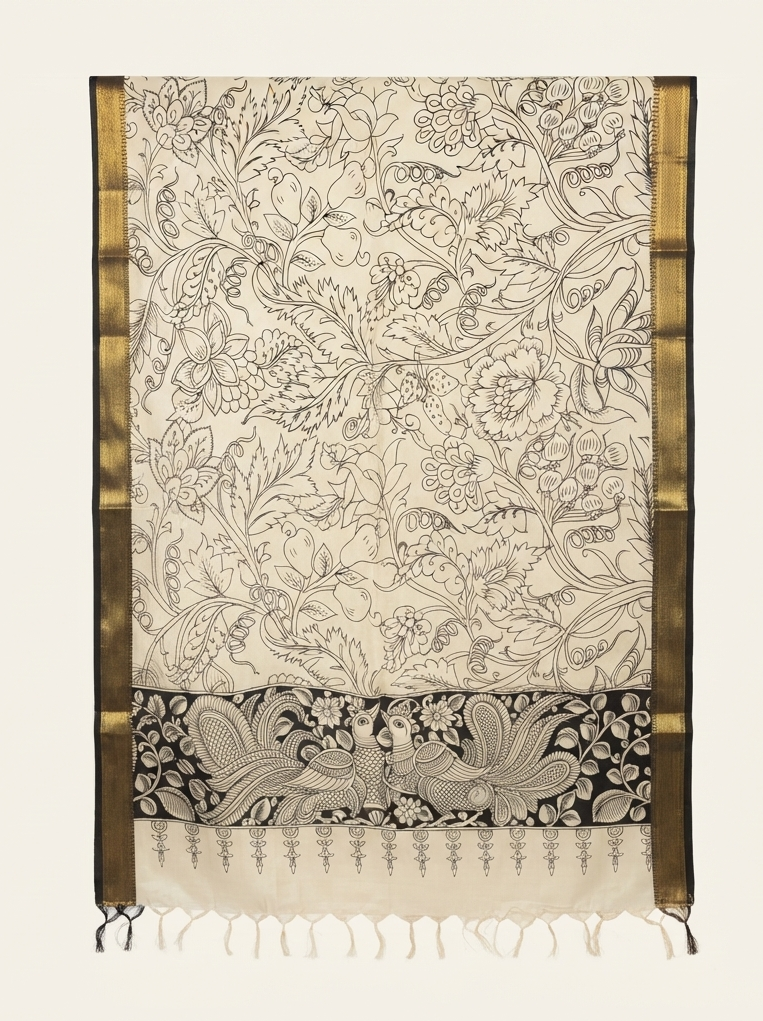 Mayura Vana: Ivory Bangalore Silk hand painted Kalamkari Dupatta