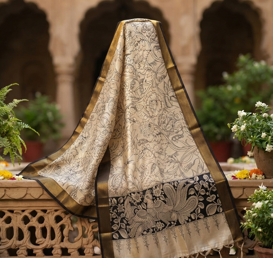 Mayura Vana: Ivory Bangalore Silk hand painted Kalamkari Dupatta