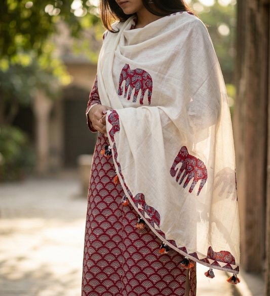 Ajrakh × Appliqué · Unstitched Kurta Set · Maroon Pink II