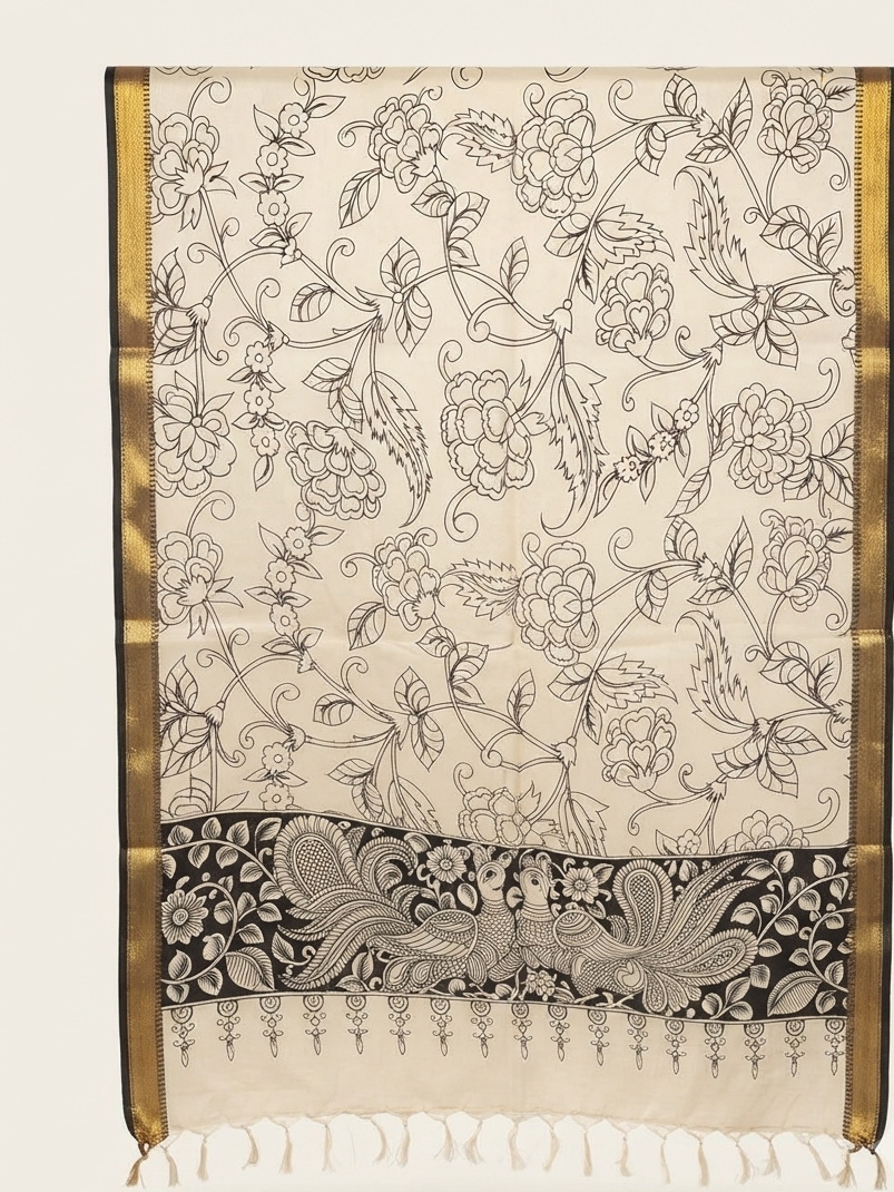 Ivory Mayura Kalamkari Hand Printed Bangalore Silk Dupatta with Zari Border