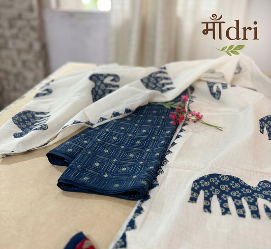 Ajrakh × Appliqué · Unstitched Kurta Set · Indigo