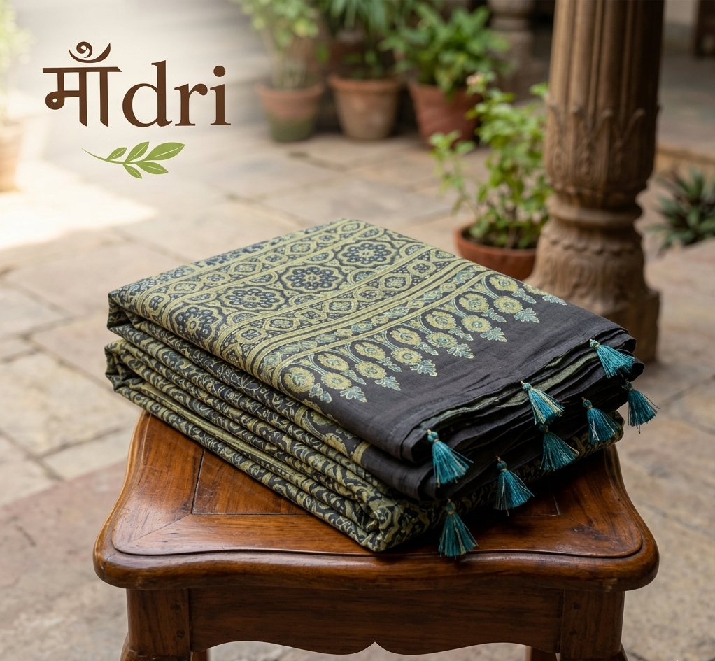 Ajrakh Saree · Charcoal Black with Gold & Olive Medallions