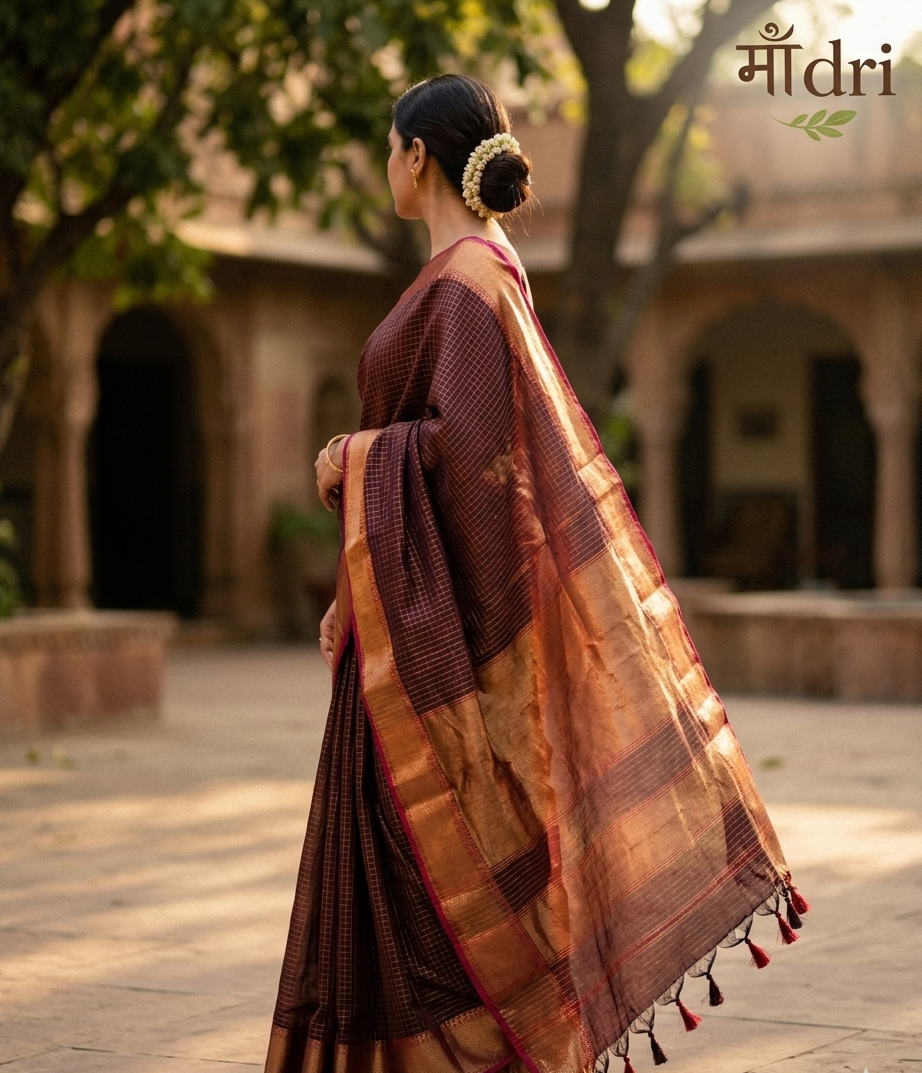 Maheshwari Saree · Royal Wine with Gold Zari Border