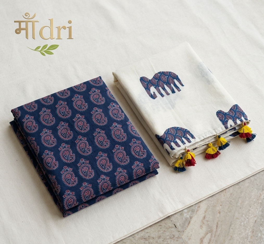 Ajrakh × Appliqué · Unstitched Kurta Set · Rich Indigo III