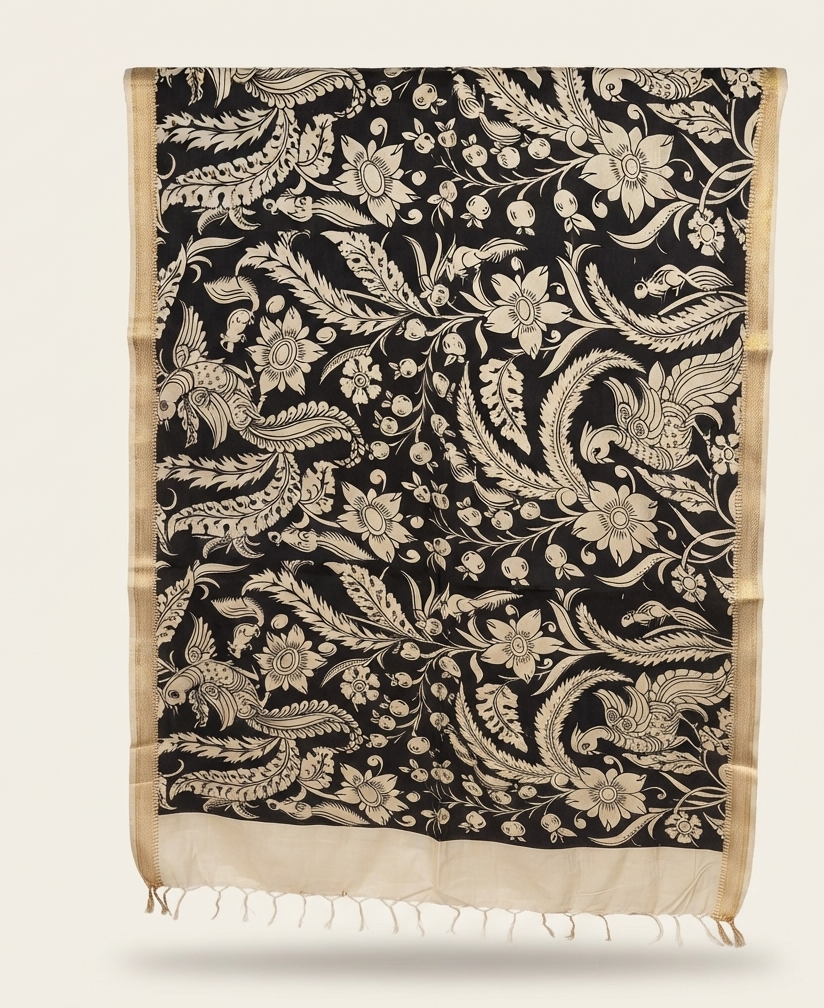 Tota Bagh Kalamkari Print Silk Dupatta - Black & Ivory with Zari Border