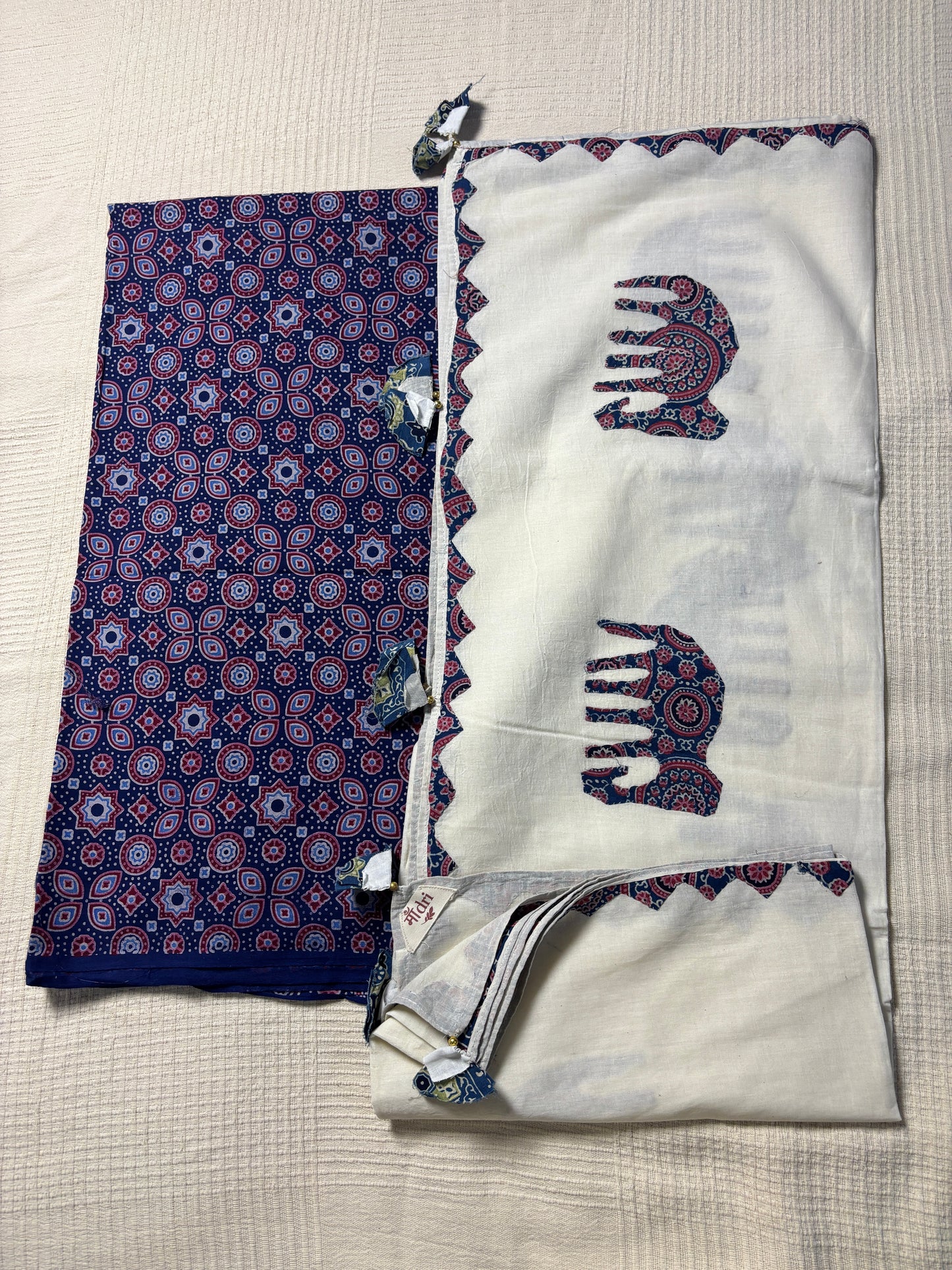 Ajrakh × Appliqué · Unstitched Kurta Set - Rich Indigo & Ivory