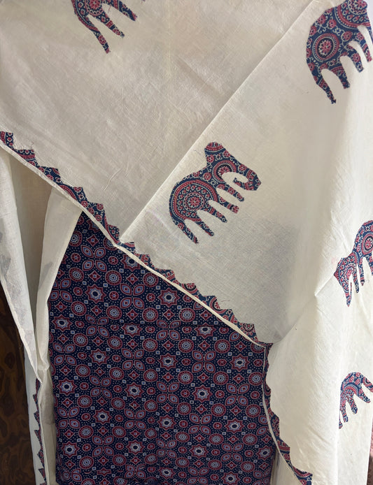 Ajrakh × Appliqué · Unstitched Kurta Set - Rich Indigo & Ivory