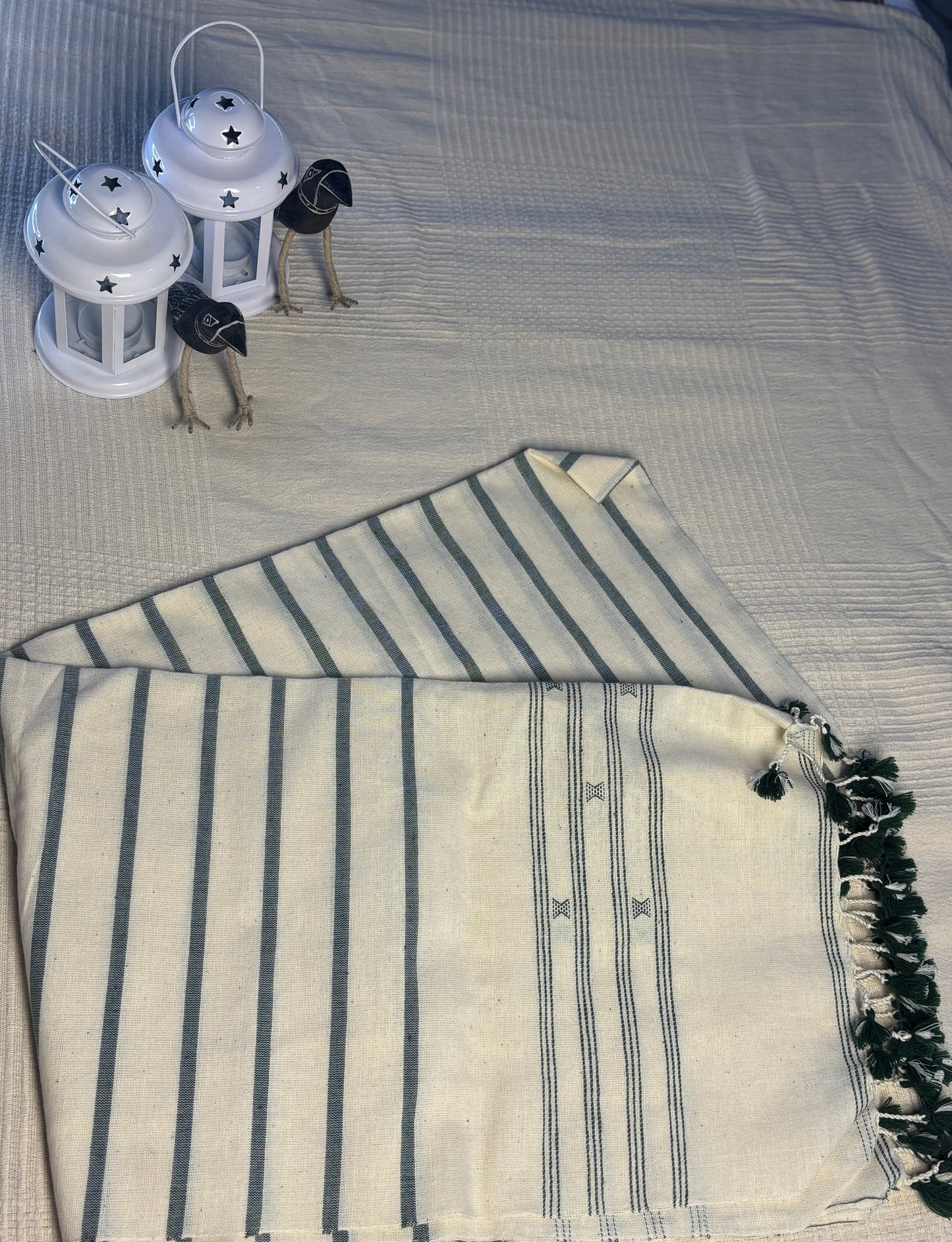 Bhujodi Handwoven Cotton Dupatta -Ivory & Slate Stripe