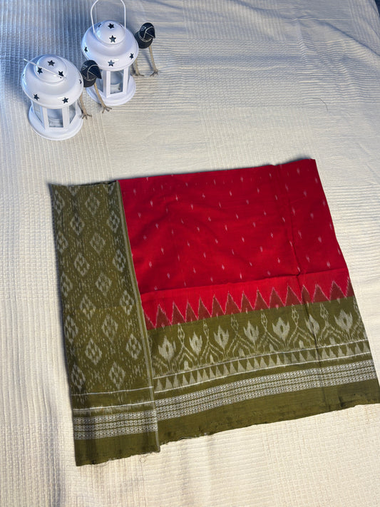 Sambalpuri Ikat Cotton Dupatta - Olive & Vermilion