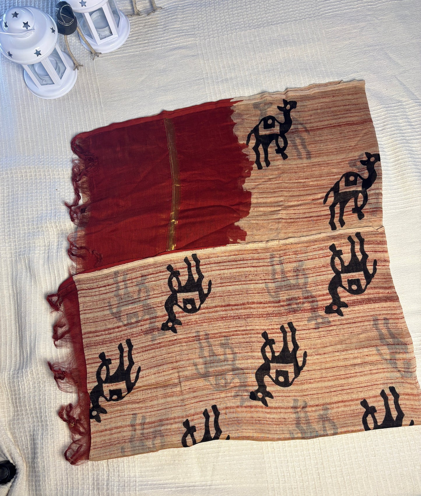 Bagru Hand Block Printed Chanderi Dupatta -Camel & Maroon