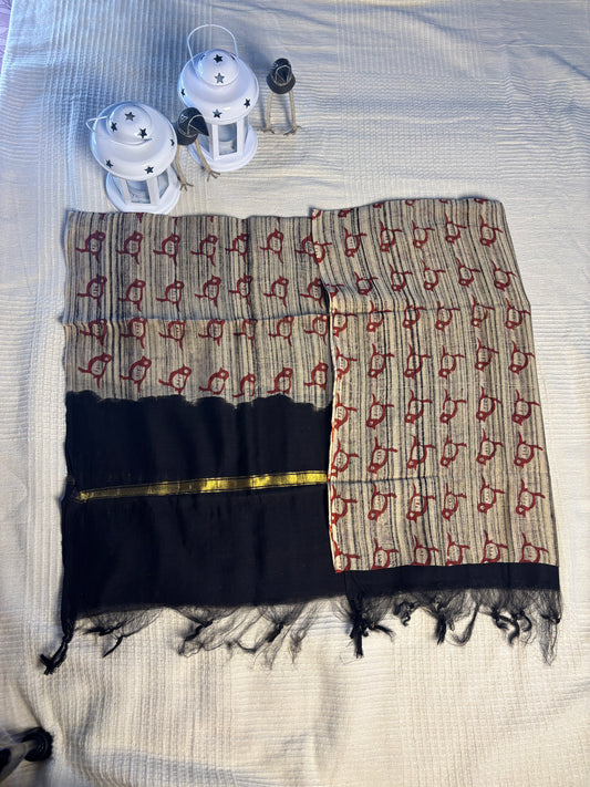 Bagru × Chanderi hand block printed Dupatta - Madder Red on Ivory